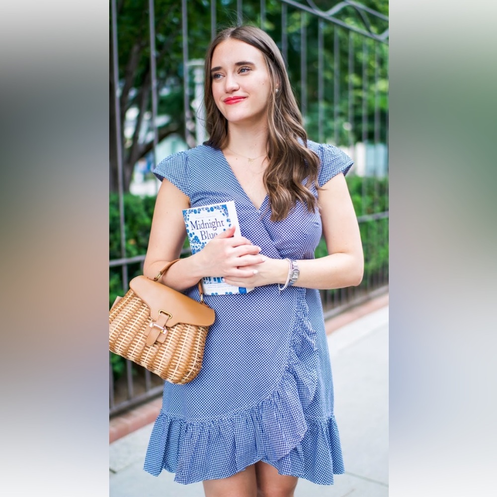 J.Crew Blue Gingham Faux Wrap Dress with Cap Sleeves and Ruffles. SZ 10